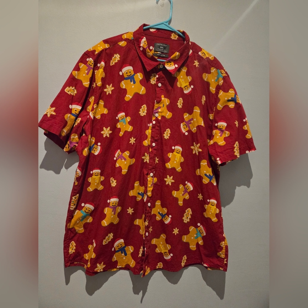 Primark Mens Holiday Button Down Red Shirt with Gingerbread Design EUC Size 3XL